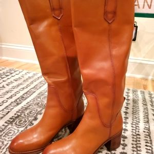 Zara Cognac Leather Block Heel Knee High Boots